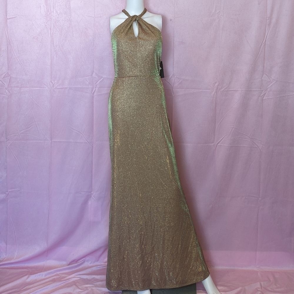 City Studio Rose Gold Metallic Sparkly Halter Cut Out Neckline Formal Prom Dress